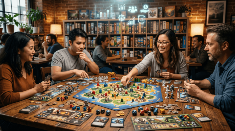 Ai generated image showing friends playing a board game. Above them infographics are hovering.