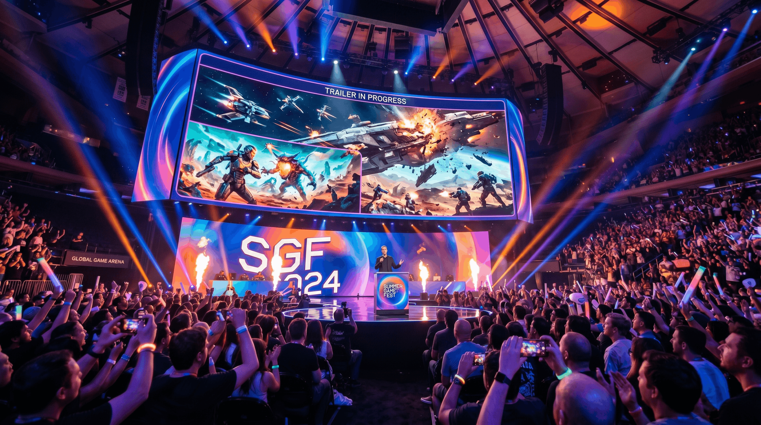 Ai generated image depicting a Video Game trailer show.