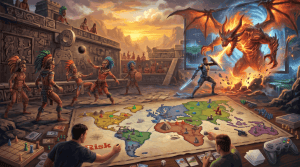 Ai generated image blending various eras of games including Board Games, Pitz, and Video Games.