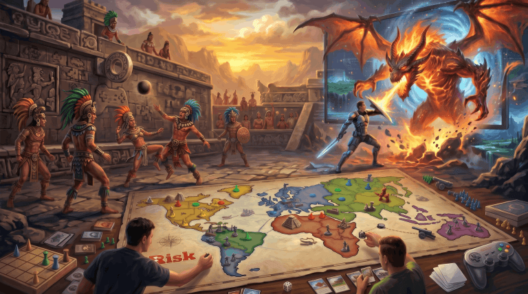 Ai generated image blending various eras of games including Board Games, Pitz, and Video Games.