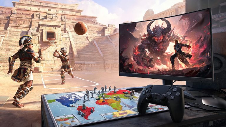 Ai generated image blending various eras of games including Board Games, Pitz, and Video Games.