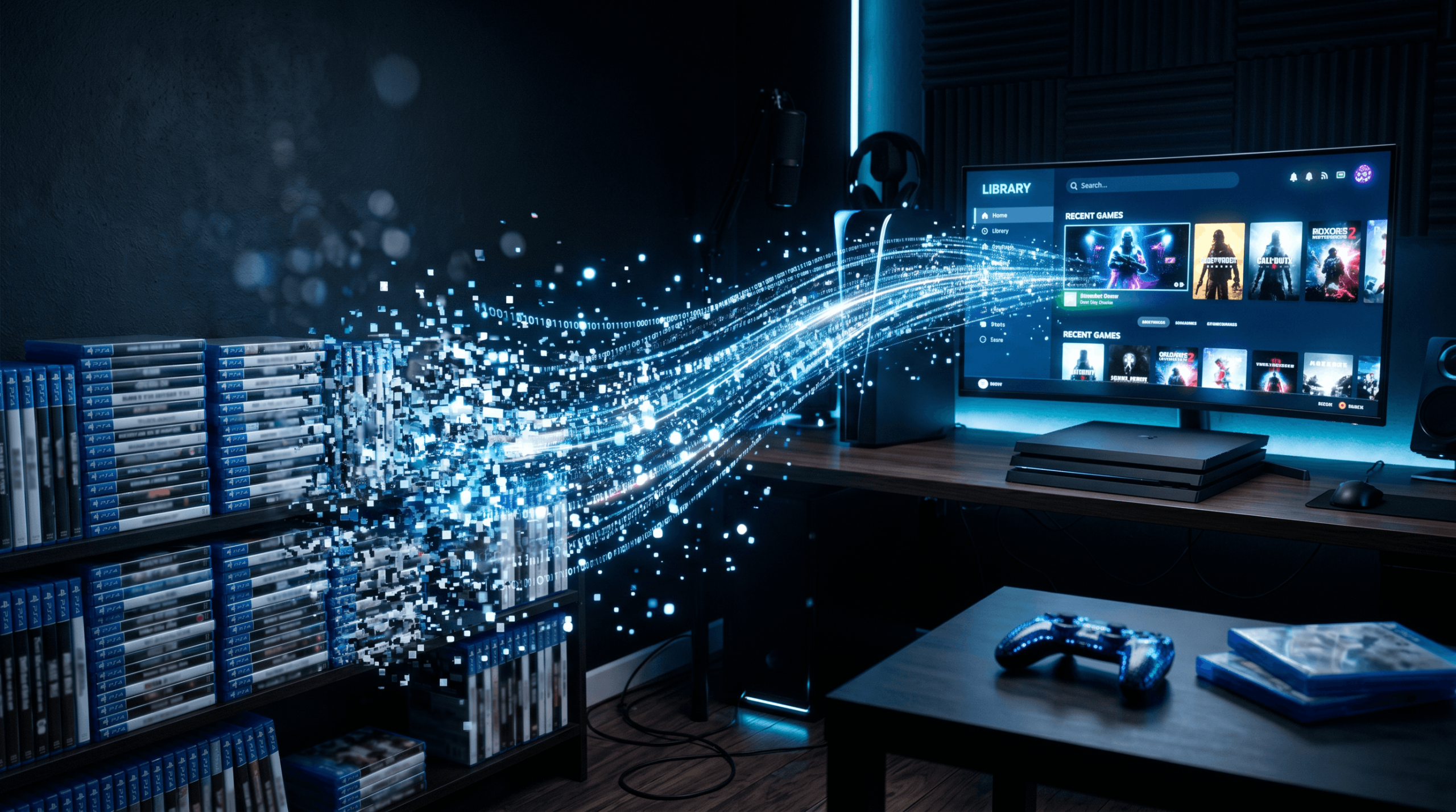 Ai generated image depicting physical game media being destroyed and turned into digital game media.